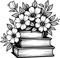 Books with Flowers vector black silhouette print design