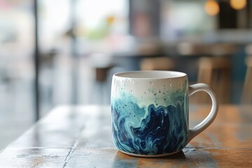 Stylish ceramic mug with abstract design on a table.