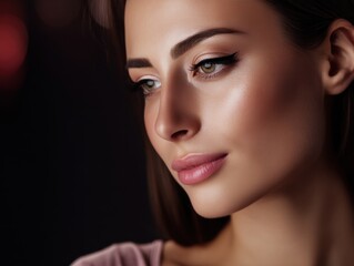 Fototapeta premium Woman with elegant makeup showcasing soft features and radiant skin in a warm-lit environment during an evening setting