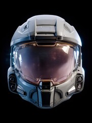 Fototapeta premium Futuristic helmet design showcasing advanced technology and sleek aesthetics against a dark backdrop