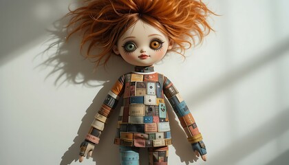 Toy Doll with Red Hair Lying on White Background