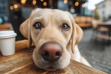 Friendly yellow lab waiting patiently at a cafe table with a coffee cup nearby in urban setting during daytime
