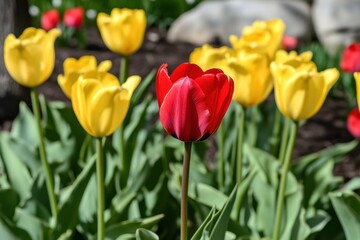 Colorful tulips bloom in a vibrant garden during spring, showcasing red and yellow flowers against lush green leaves