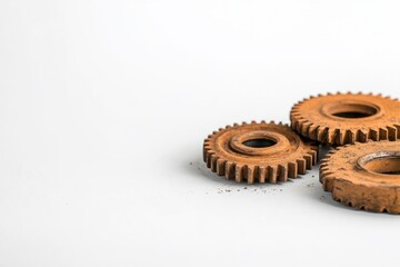 Rusty gears placed on a white surface, showcasing the details of wear and age of industrial components