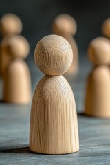 Group of wooden figures arranged on a surface showcasing unique craftsmanship and attention to detail during daytime