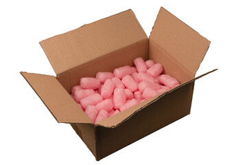 Cardboard box and white filling material in it isolated on a white background.