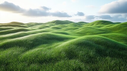 Fototapeta premium Rolling green hills carpeted in lush grass under a bright sky with clouds