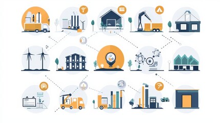 Illustrative infographic showcasing industrial processes, machinery, and renewable energy sources