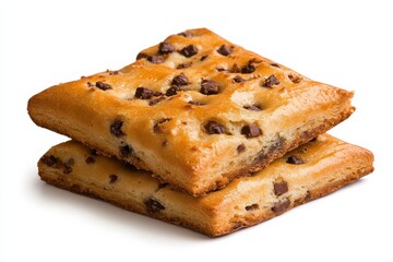 Fototapeta premium Delicious chocolate chip cookie bars stacked on a white background ready for baking enthusiasts to enjoy