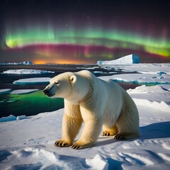 Potrait of huge polar Bear, with aurora background AI Generated Image