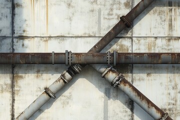 Rusty industrial pipes crisscross against a weathered concrete wall, creating a gritty, urban texture.