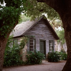 Fototapeta premium Old Wooden Building Surrounded by Green Trees