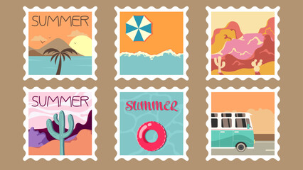 summer postage stamps illustration, cactus, ocean, bus, swimming pool