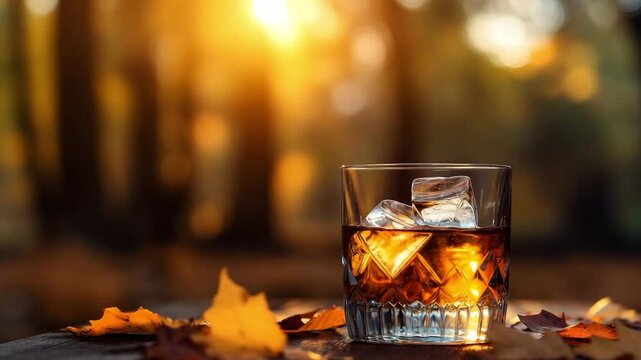 Autumnal Whiskey A Glass of amber spirit with ice cubes on wooden table surrounded by fall leaves in the sunset