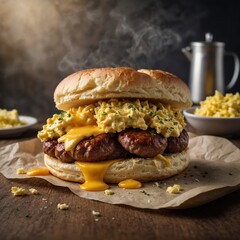 Sausage Egg & Cheese Biscuit &ndash; Full HD DSLR Food Photo &ndash; White Blurry Background