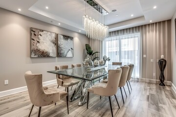 A chic, modern dining room with an oversized glass dining table, contemporary artwork on the walls, and dramatic, sculptural light fixtures above, -