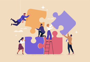 Business Teamwork concept. Contemporary flat style abstract vector illustration of a group of diverse people putting together a huge puzzle details. Isolated on background