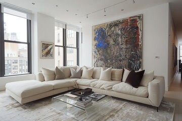A contemporary living room with a minimalist design, white walls, large abstract art, a modern sectional sofa, and a glass coffee table,