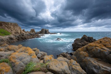 Rocky Coastline Under Stormy Skies