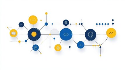 Abstract digital network illustration with interconnected circles and icons representing data flow