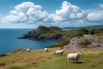Naklejka premium Sheep Grazing on Grassy Hillside Overlooking the Ocean