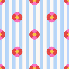 Seamless floral pattern with red geometric flowers on vertical blue and white stripes. Colorful flat vector illustration. Retro summer design for textile, wallpaper, wrapping paper, notebook, poster