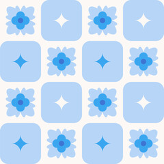 Seamless floral pattern with abstract blue flowers and rounded squares with stars. Flat geometric vector illustration. Retro playful design for textile, wallpaper, wrapping paper, notebook cover