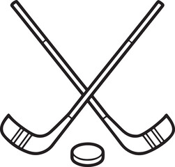 two crossed hockey sticks with puck line art, black outline, vector and illustration, coloring book page line art drawing