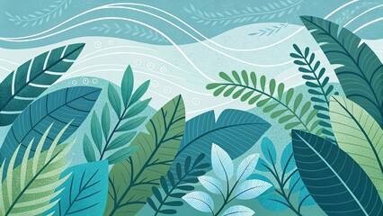 Abstract garden of flat illustrated leaves and waves.