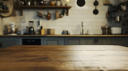 Rustic kitchen table top, blurred background, with wooden cabinets.