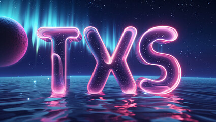 The letters txs glowing in neon light above simulated water with a planet and aurora borealis