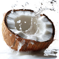 Fresh coconut water splash drink tropical fruit healthy refreshing summer on transparent background