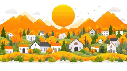 Fototapeta premium Autumnal pixelated village illustration showcasing a charming vi