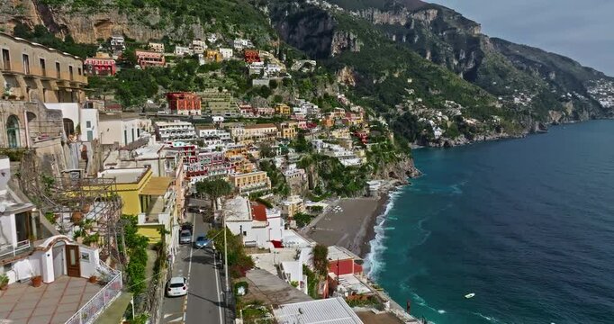 Positano. Amalfi coast. Italy. Incredible colors and views. View from above. Buildings and landmarks of Positano. Drone view of Positano. The most beautiful place. Flying above colorful houses