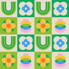 Seamless floral pattern with bold geometric flowers and vases in checkerboard grid. Colorful flat vector illustration. Retro summer design for textile, wallpaper, wrapping paper, notebook cover.