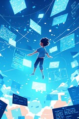 Floating person in digital world