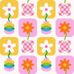 Cheerful seamless floral pattern with bold geometric flowers in funky vases. Colorful flat vector illustration. Retro summer design for textile, wallpaper, wrapping paper, notebook cover, poster