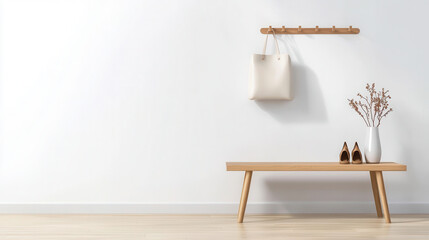 Obraz premium Minimalist hallway with wooden bench, wall hooks, and decorative elements creating serene atmosphere