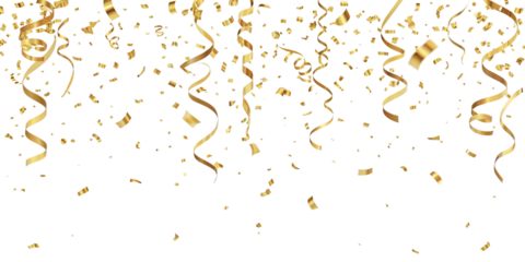 Realistic falling gold confetti and streamers seamless pattern on transparent PNG 