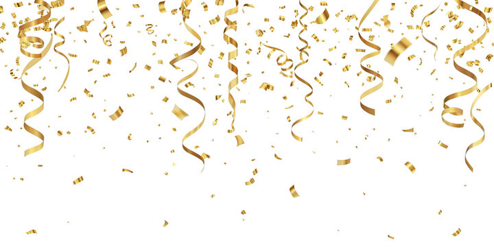 Realistic falling gold confetti and streamers seamless pattern on transparent PNG 