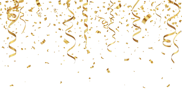 Realistic falling gold confetti and streamers seamless pattern on transparent PNG 
