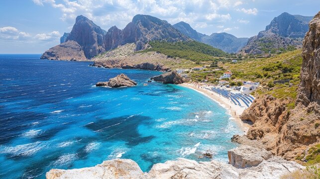 Azure waves crashing against rocky shores in Kefalas, Greece, with distant mountains and cliffs under soft natural sunlight, serene coastal landscape