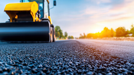 Construction vehicle is paving new road with asphalt during sunset, showcasing smooth surface and vibrant colors