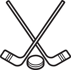 two crossed hockey sticks with puck line art, black outline, vector and illustration, coloring book page line art drawing