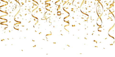 Realistic falling gold confetti and streamers seamless pattern on transparent PNG 