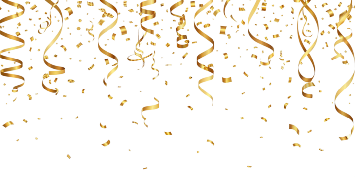 Realistic falling gold confetti and streamers seamless pattern on transparent PNG 