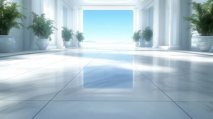 Fototapeta premium Serene white corridor architecture with blue sky view and plants