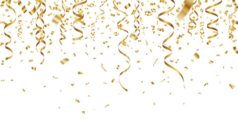Realistic falling gold confetti and streamers seamless pattern on transparent PNG 