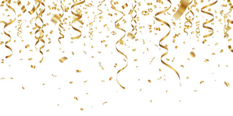Realistic falling gold confetti and streamers seamless pattern on transparent PNG 