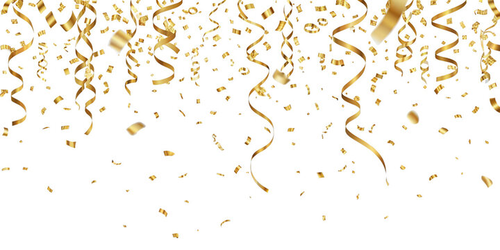 Realistic falling gold confetti and streamers seamless pattern on transparent PNG 